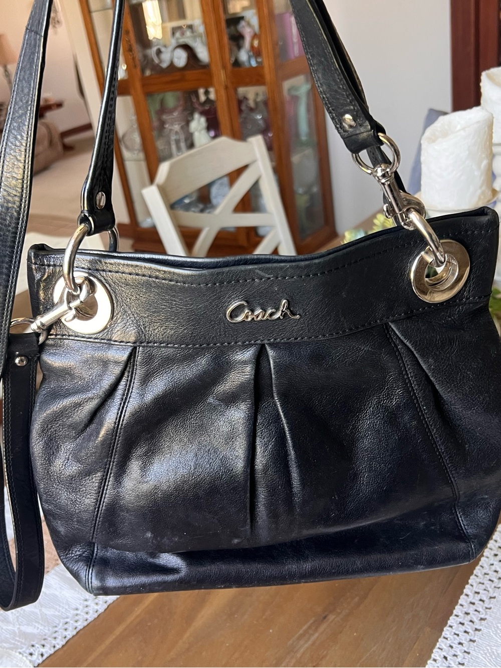 Coach Black Leather Pleated Shoulder Bag with Silver Hardware